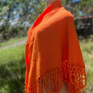 Orange Vtg 70s Wrap Scarf Piano Shawl Glentex Sweater Knit Boho Triangle Cape